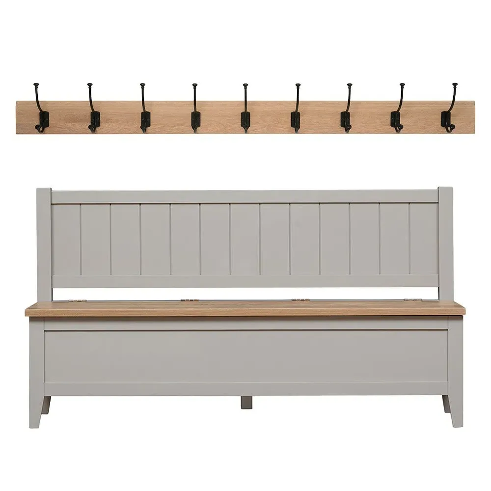 Monks Bench with 9 Hook Rack - Grey, Oak image