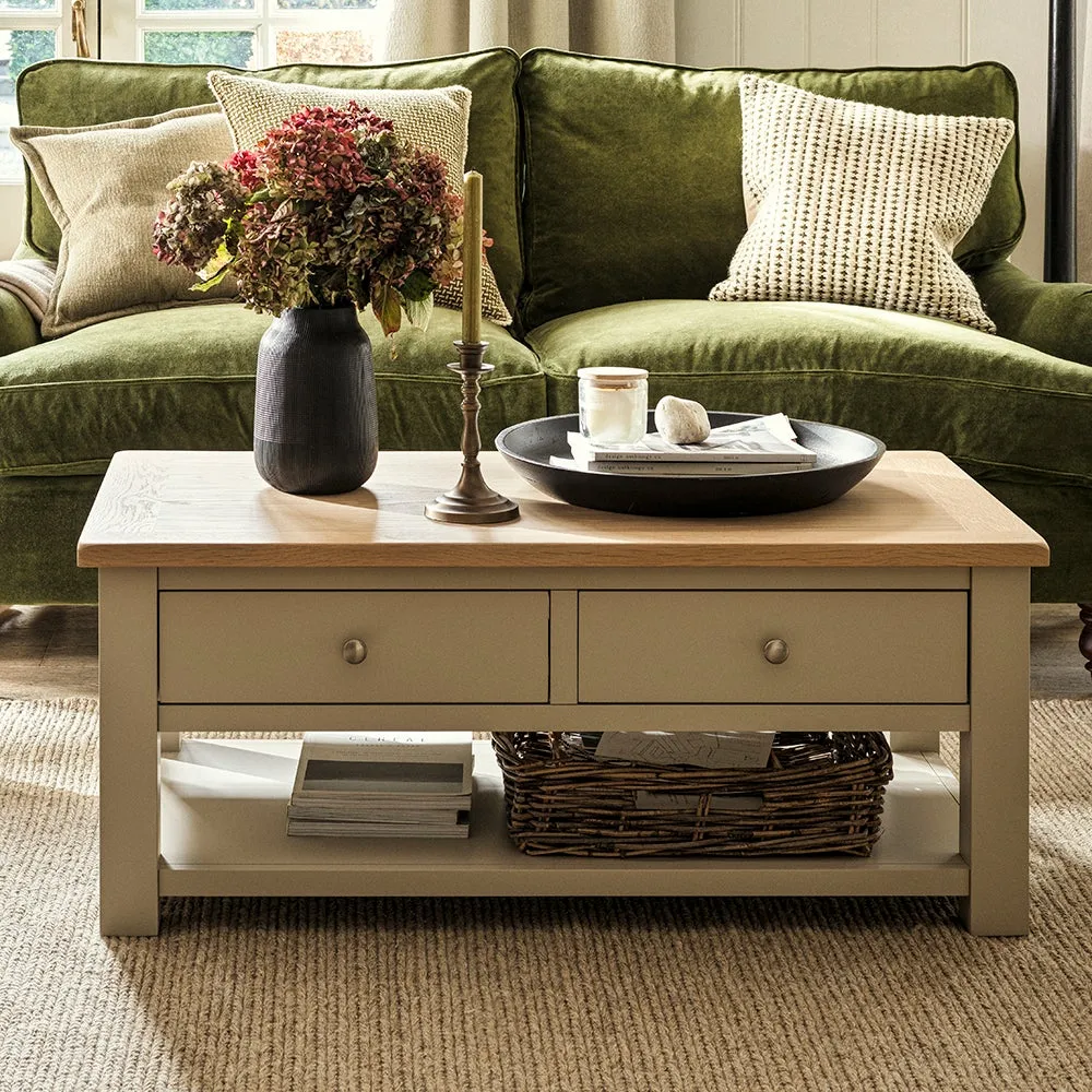Chester Coffee Table with Drawers - Limestone, Oak