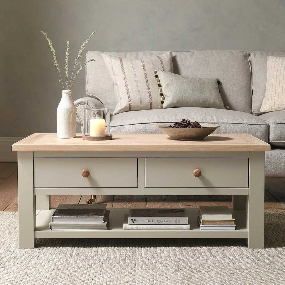 Chester Coffee Table with Drawers - Limestone, Oak
