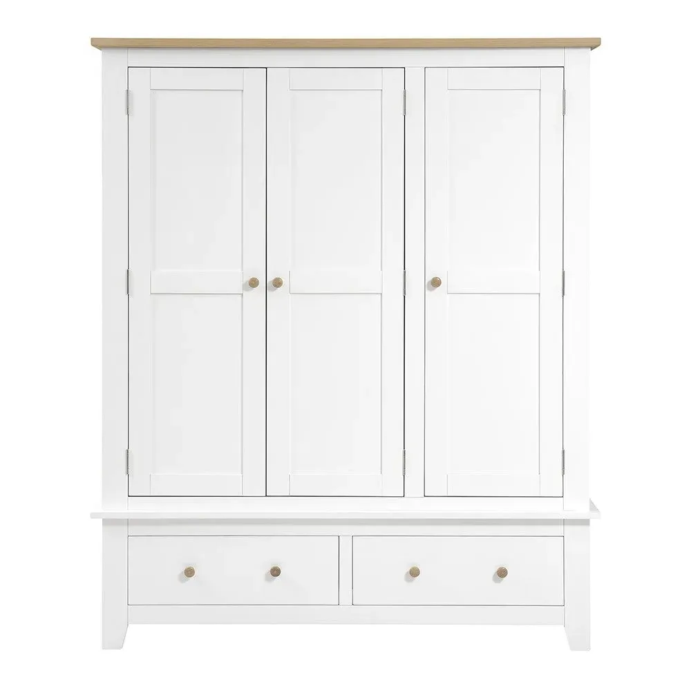 Chester Triple Wardrobe with Drawers - White, Oak