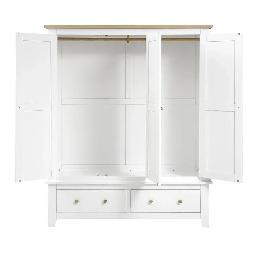 Chester Triple Wardrobe with Drawers - White, Oak