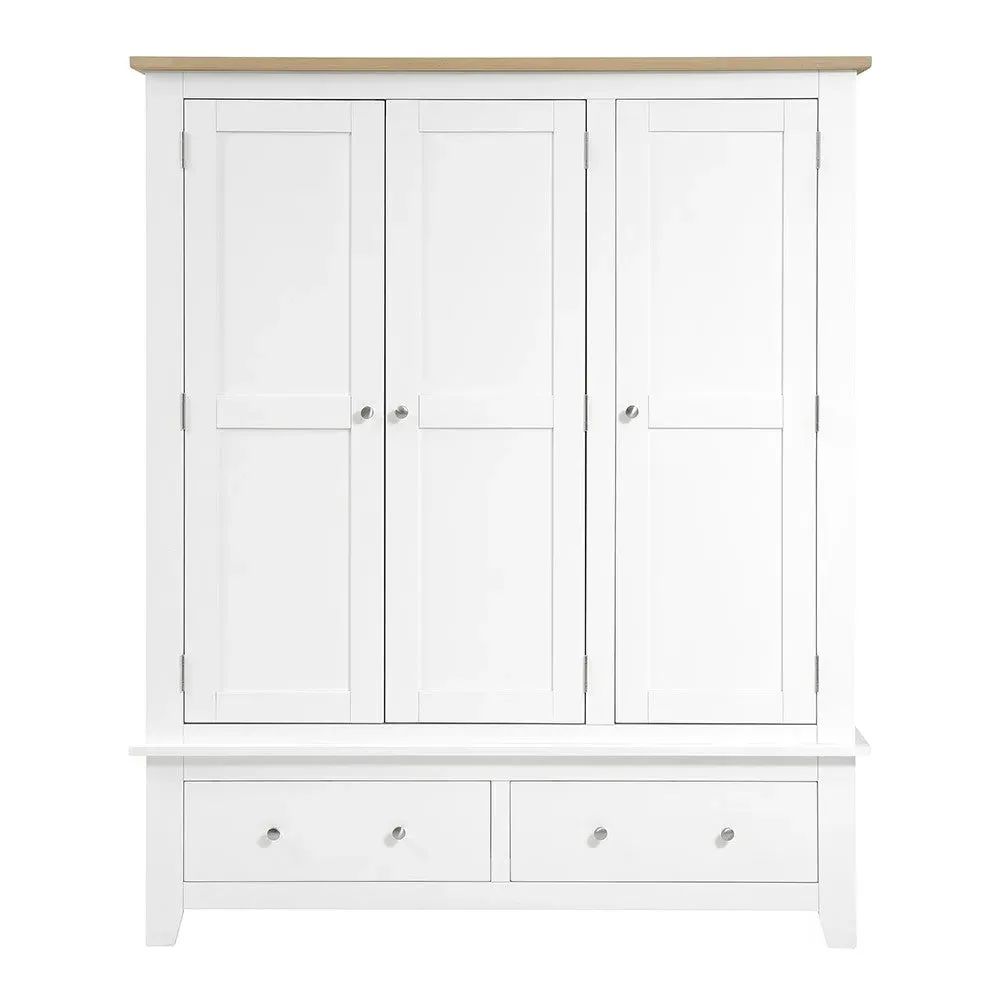 Chester Triple Wardrobe with Drawers - White, Oak