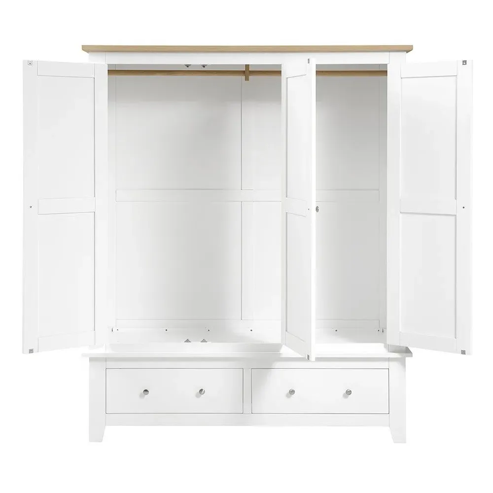 Chester Triple Wardrobe with Drawers - White, Oak