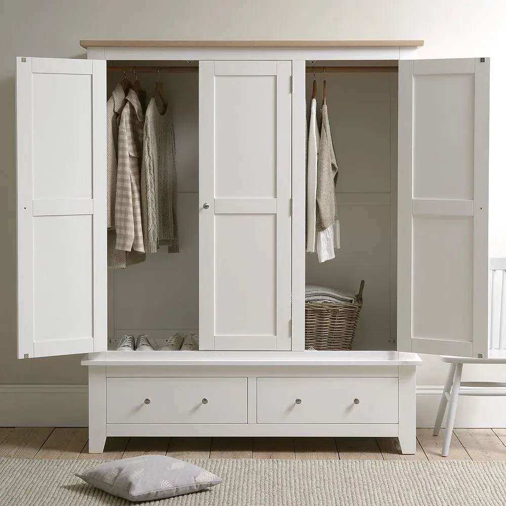 Chester Triple Wardrobe with Drawers - White, Oak image