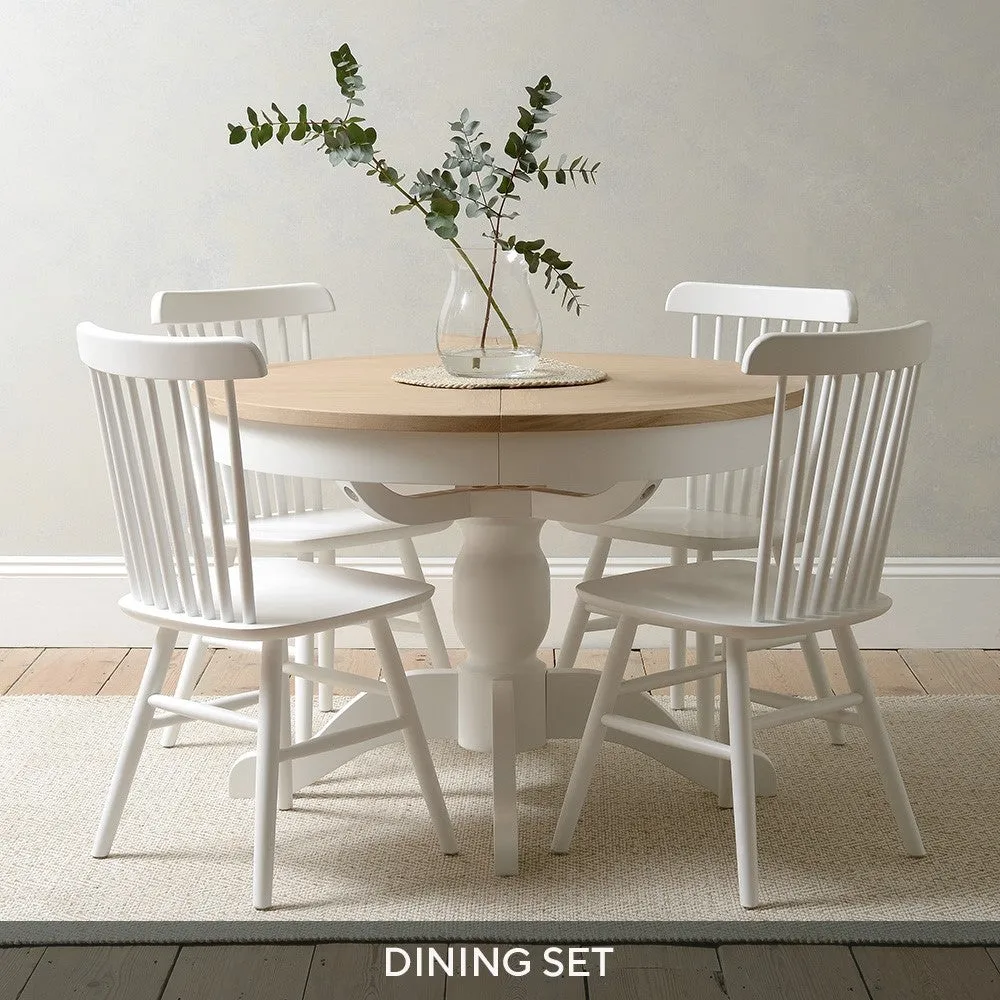 Round Extending Dining Table and 4 Spindleback Chairs - White, Oak