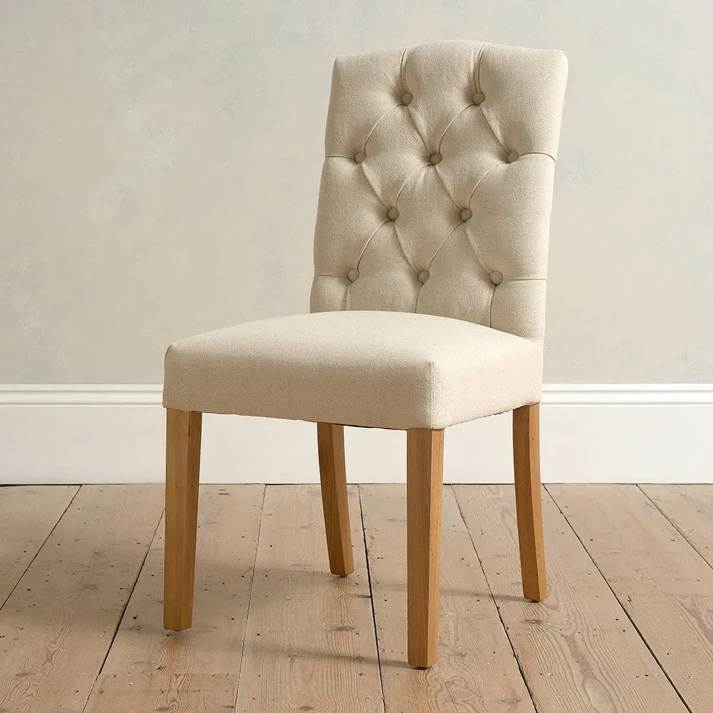 Dining Chair with Buttoned Back - Natural Linen, Oak