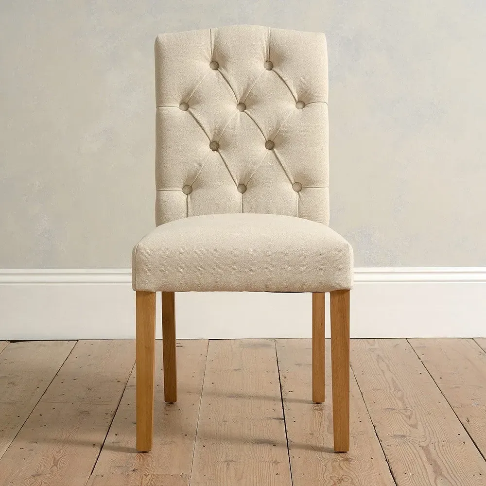Dining Chair with Buttoned Back - Natural Linen, Oak