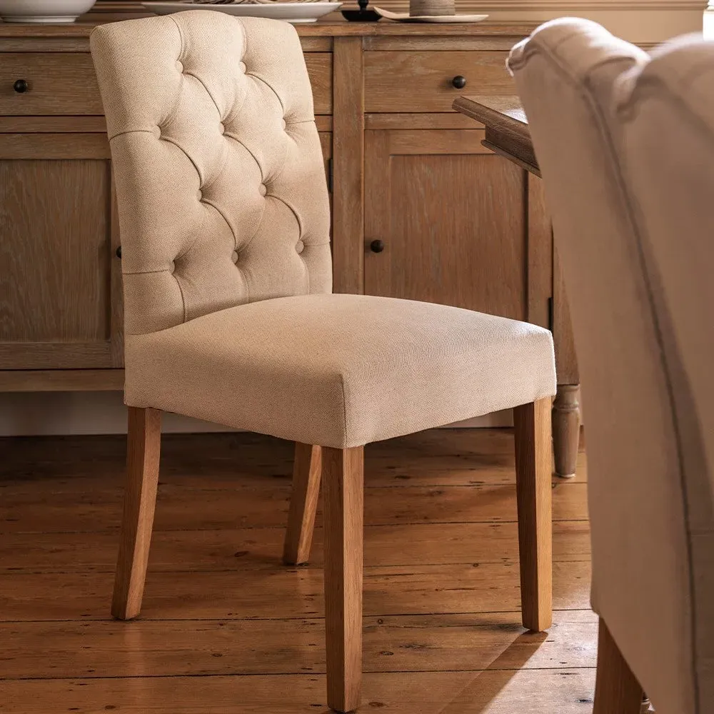 Dining Chair with Buttoned Back - Natural Linen, Oak
