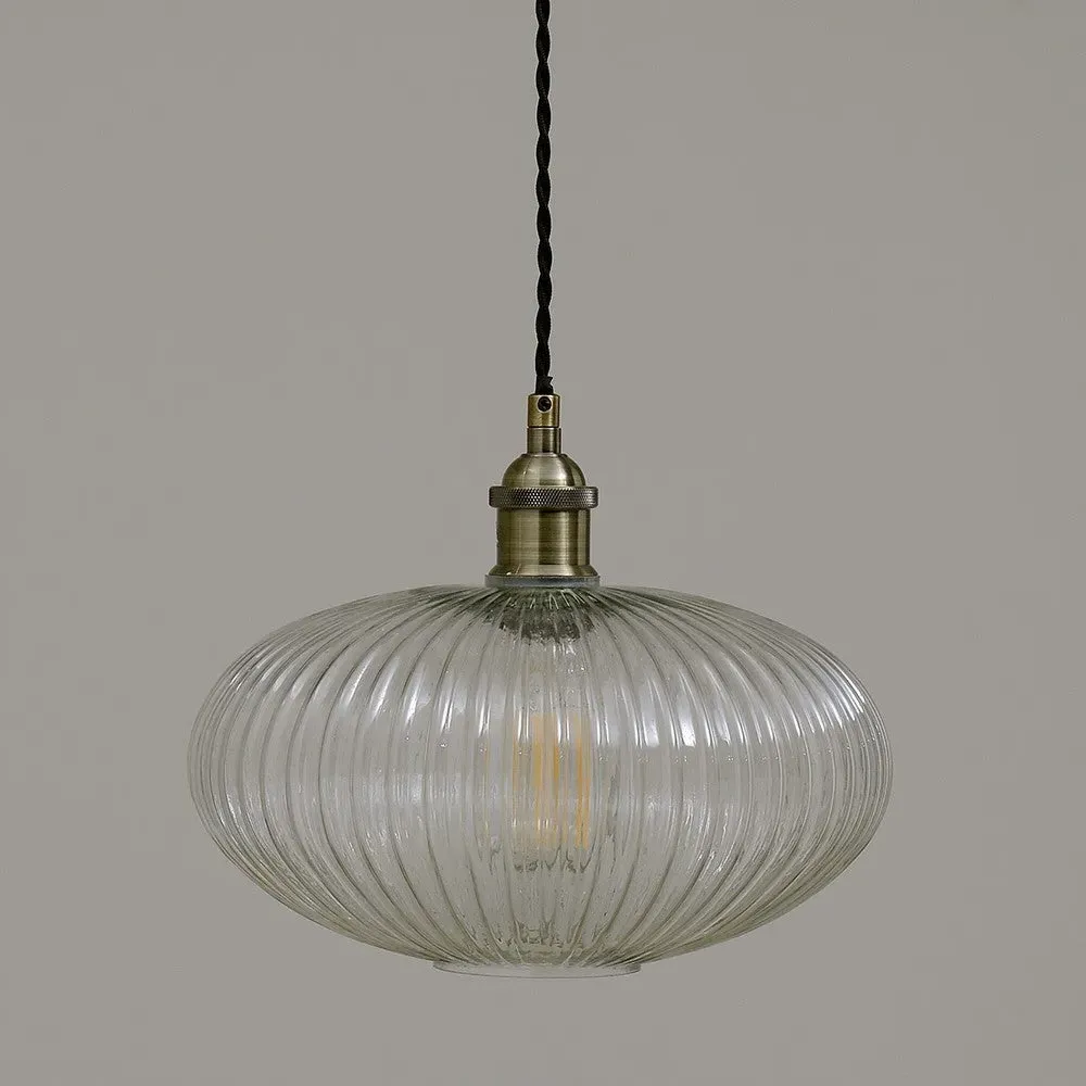 Aston Oval Pendant Light - Transparent, Ribbed Glass