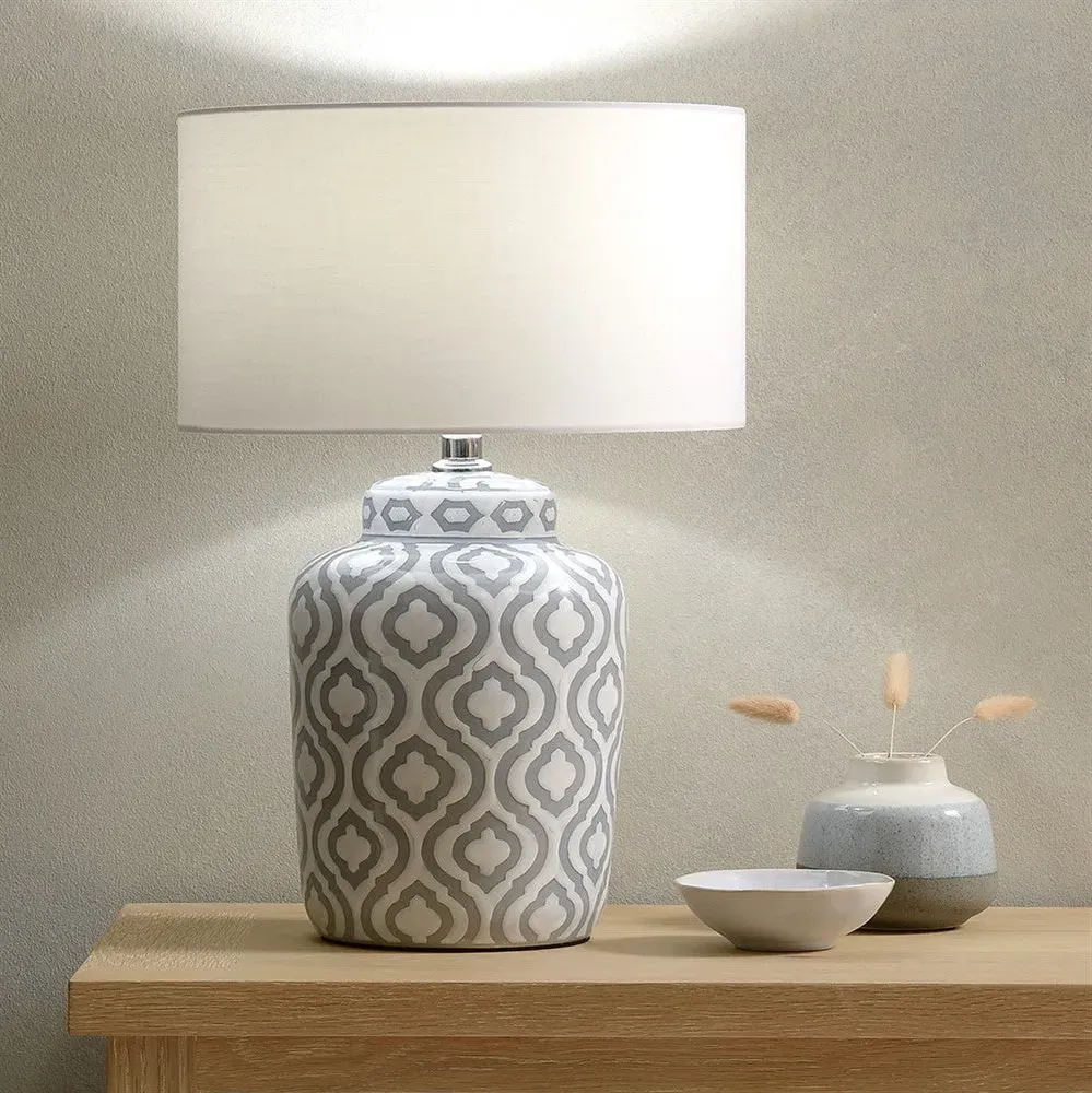 Celia Ceramic Table Lamp - Grey, White Pattern image
