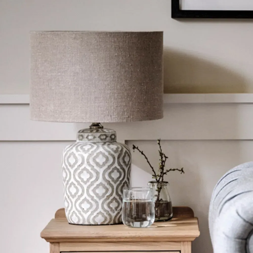 Celia Ceramic Table Lamp - Taupe, White Pattern