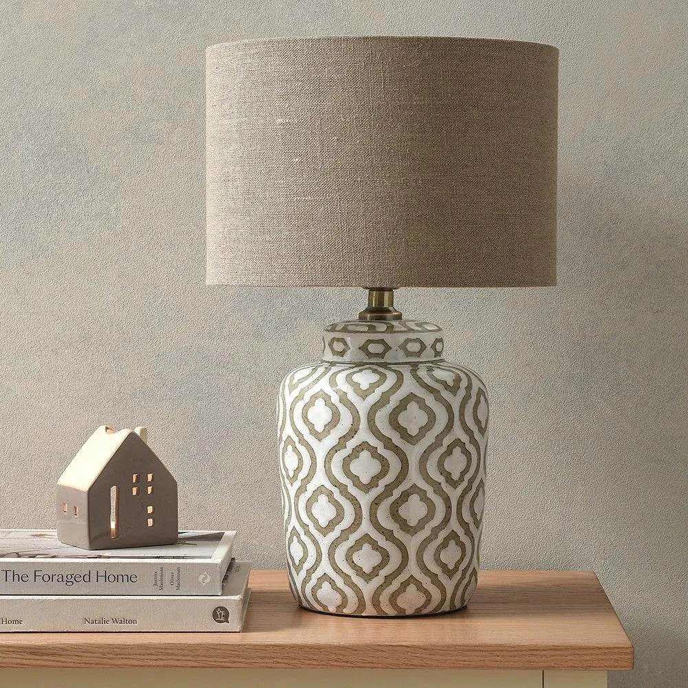 Celia Ceramic Table Lamp - Taupe, White Pattern
