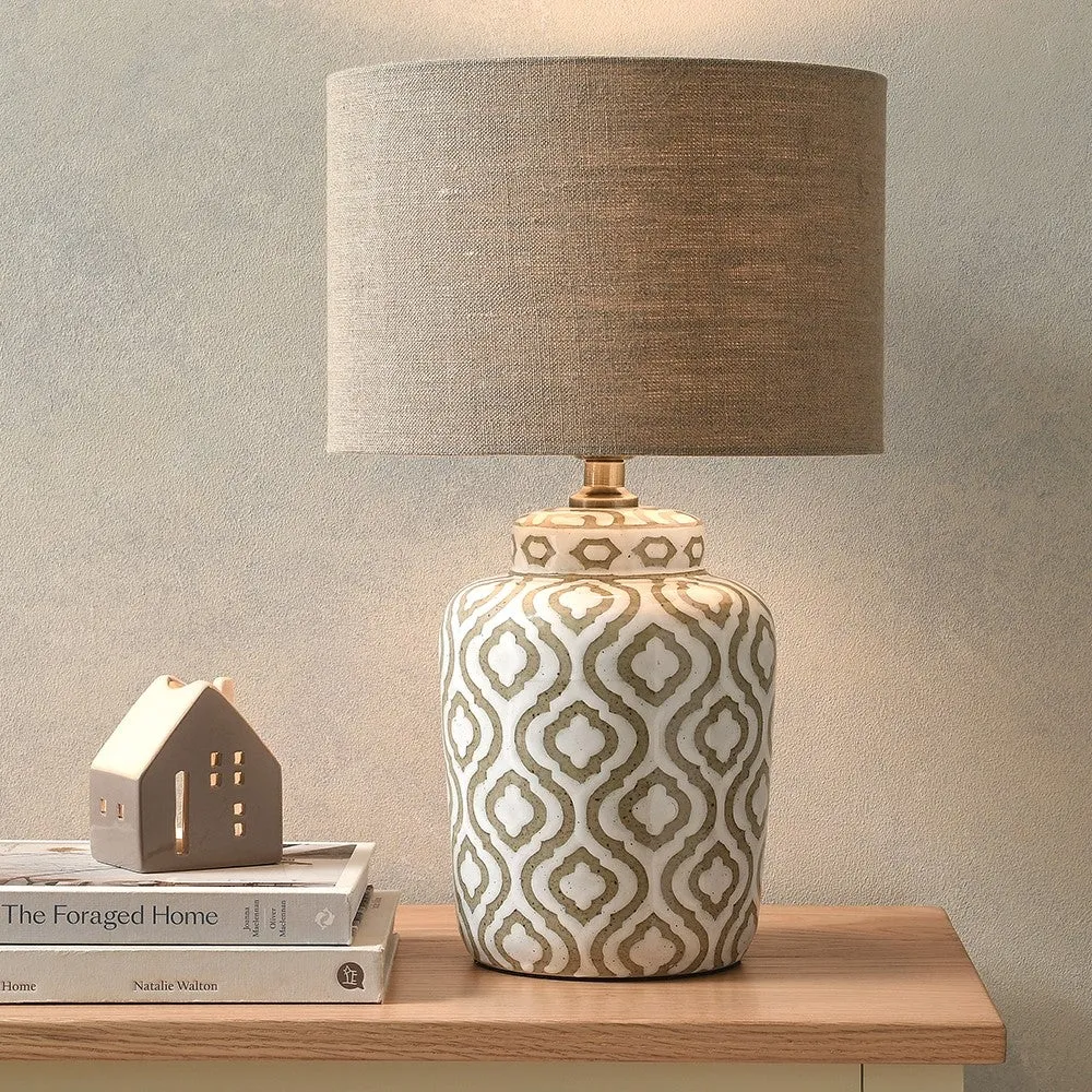 Celia Ceramic Table Lamp - Taupe, White Pattern