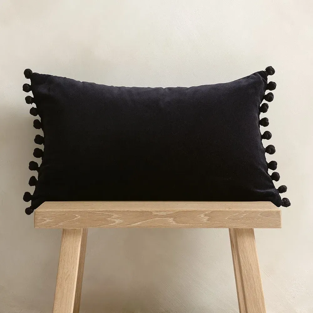 Cotton Velvet Cushion with Pom Poms - Midnight Blue