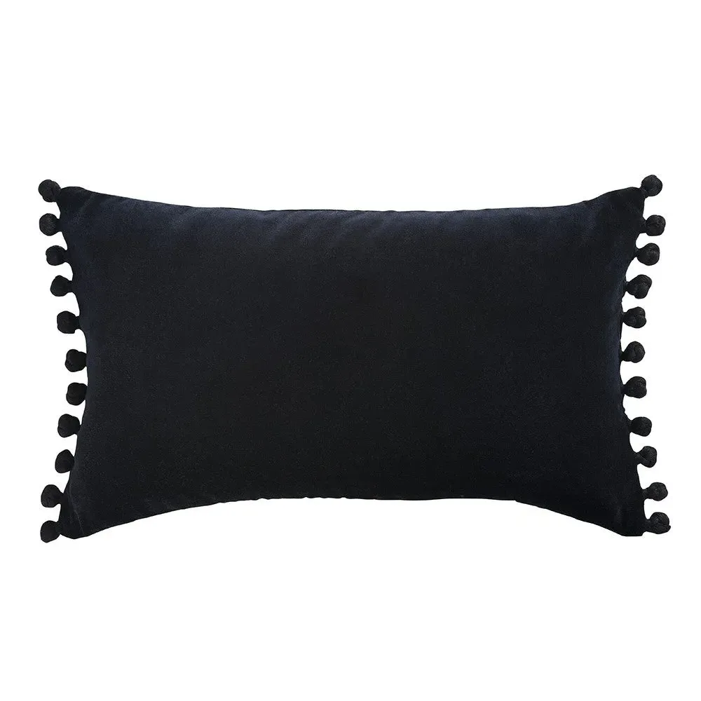Cotton Velvet Cushion with Pom Poms - Midnight Blue image