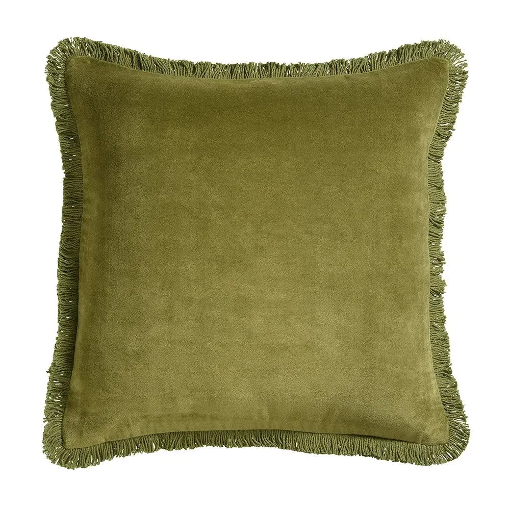 Cotton Velvet Fringed Cushion - Dark Olive