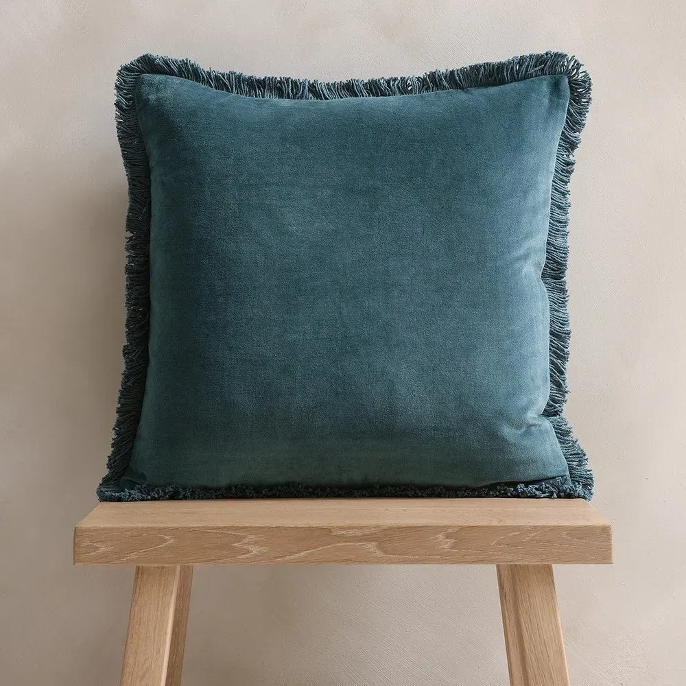 Cotton Velvet Fringed Cushion - Kingfisher