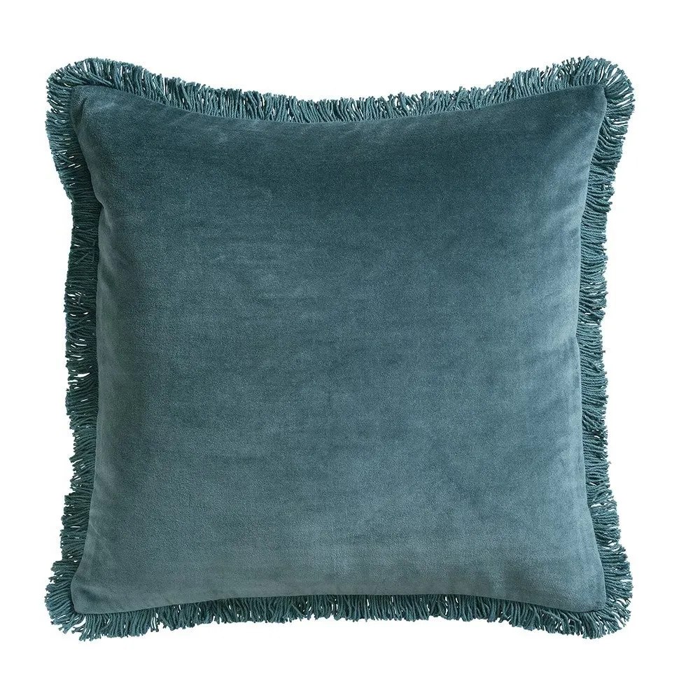Cotton Velvet Fringed Cushion - Kingfisher