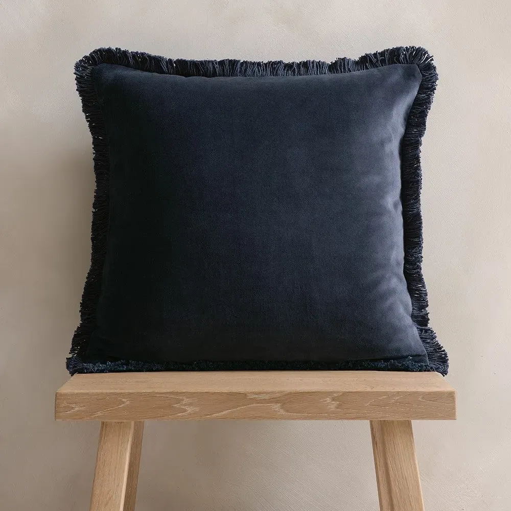 Cotton Velvet Fringed Cushion - Space Blue