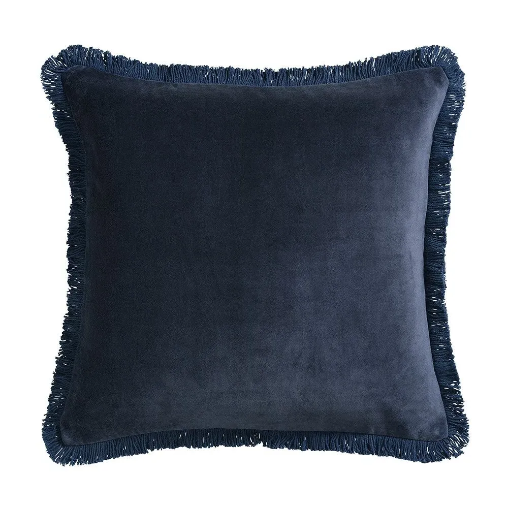 Cotton Velvet Fringed Cushion - Space Blue