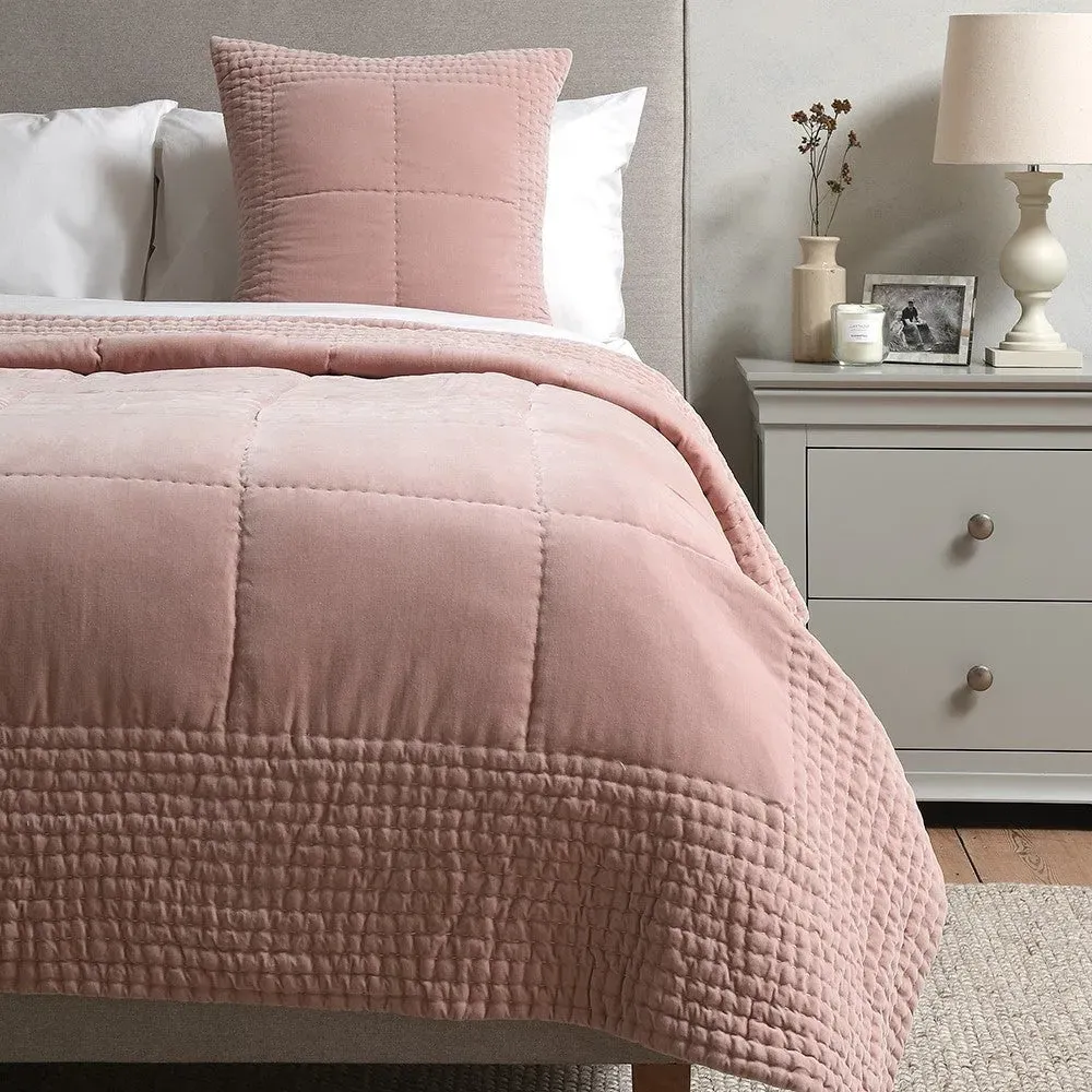 King Size Quilted Bedspread - Dusky Pink, Cotton Velvet