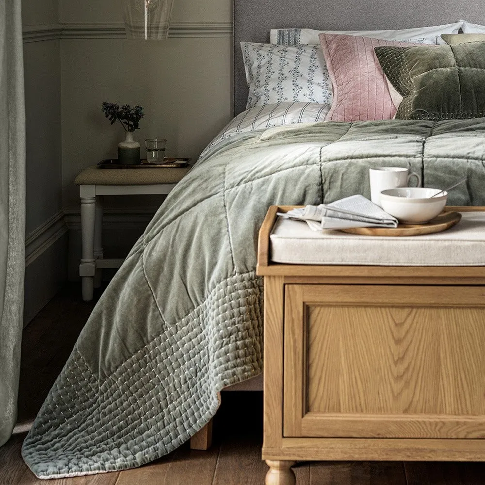 King Size Quilted Bedspread - Fern Green, Cotton Velvet