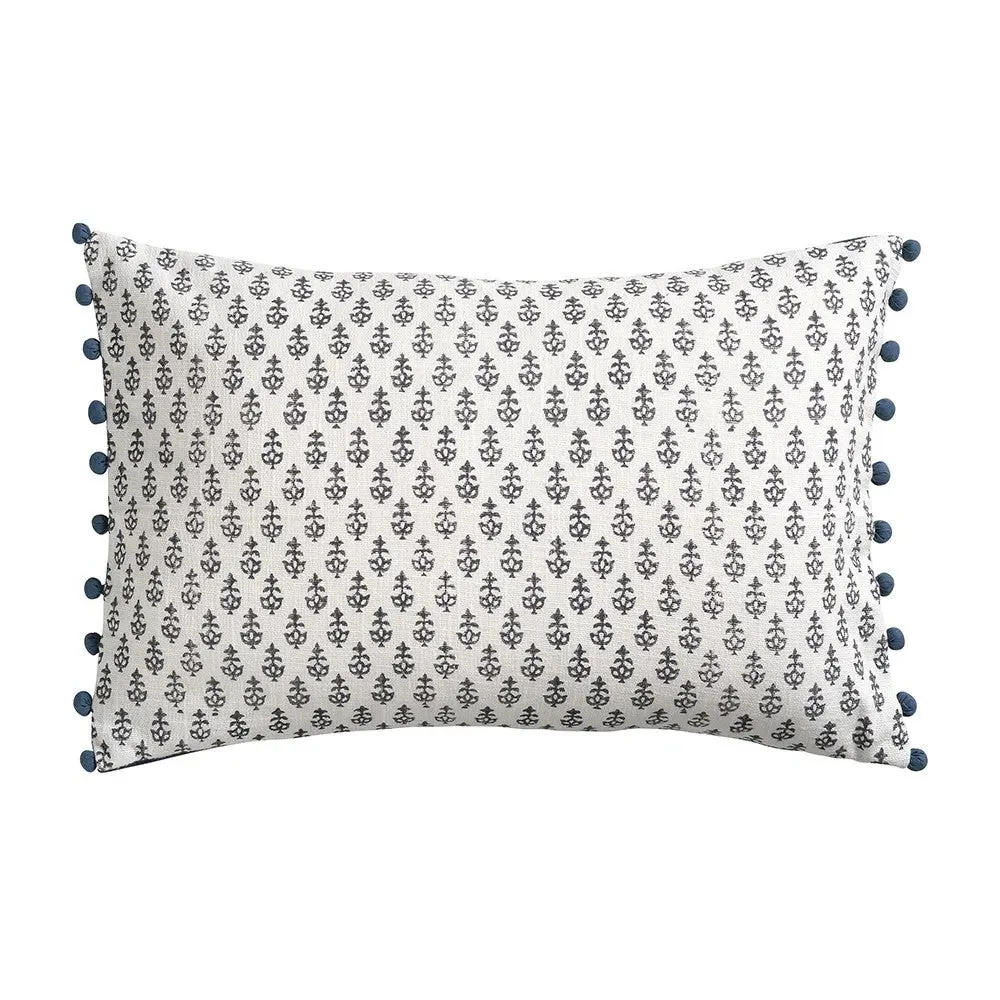 Leaf Block Print Cushion with Pom Poms - Indigo