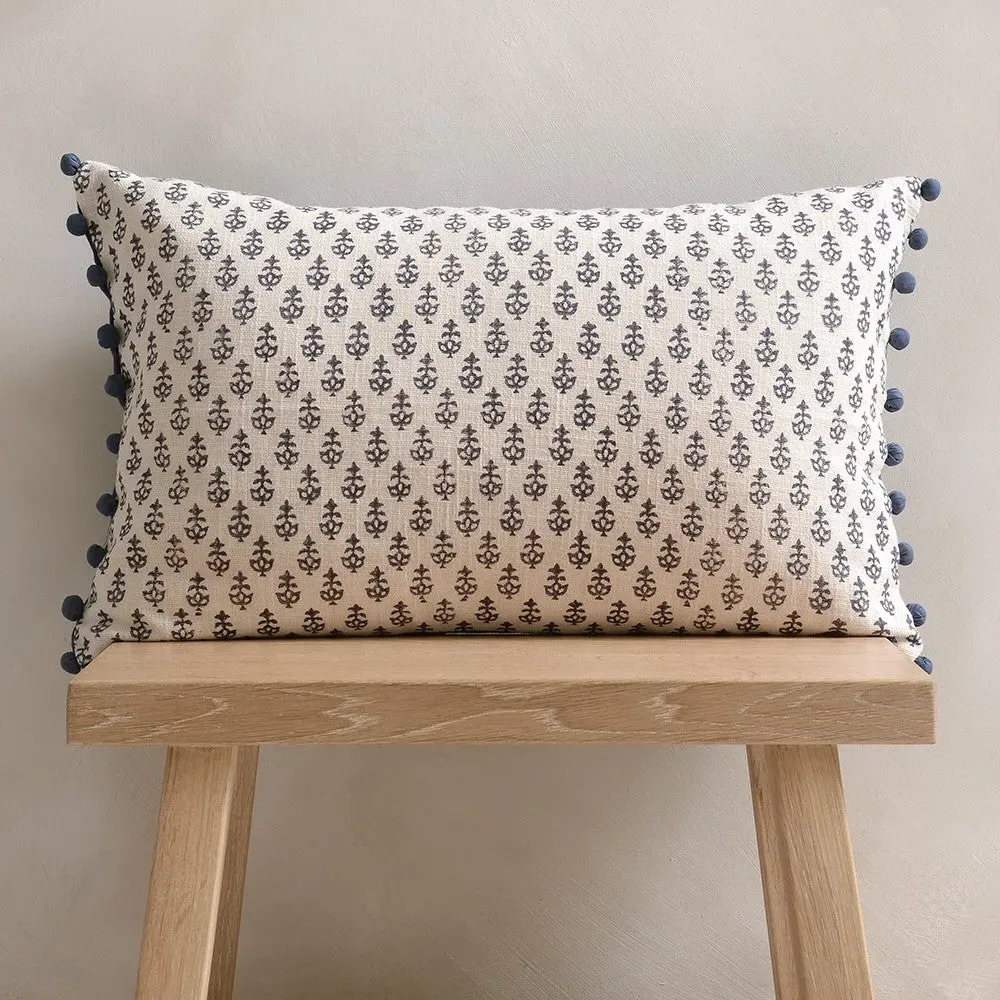 Leaf Block Print Cushion with Pom Poms - Indigo