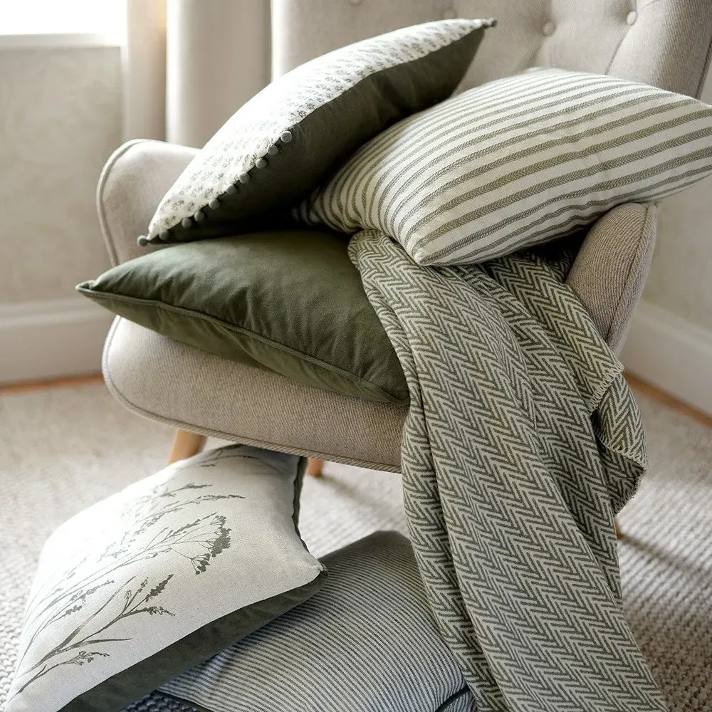 Leaf Block Print Cushion with Pom Poms - Olive