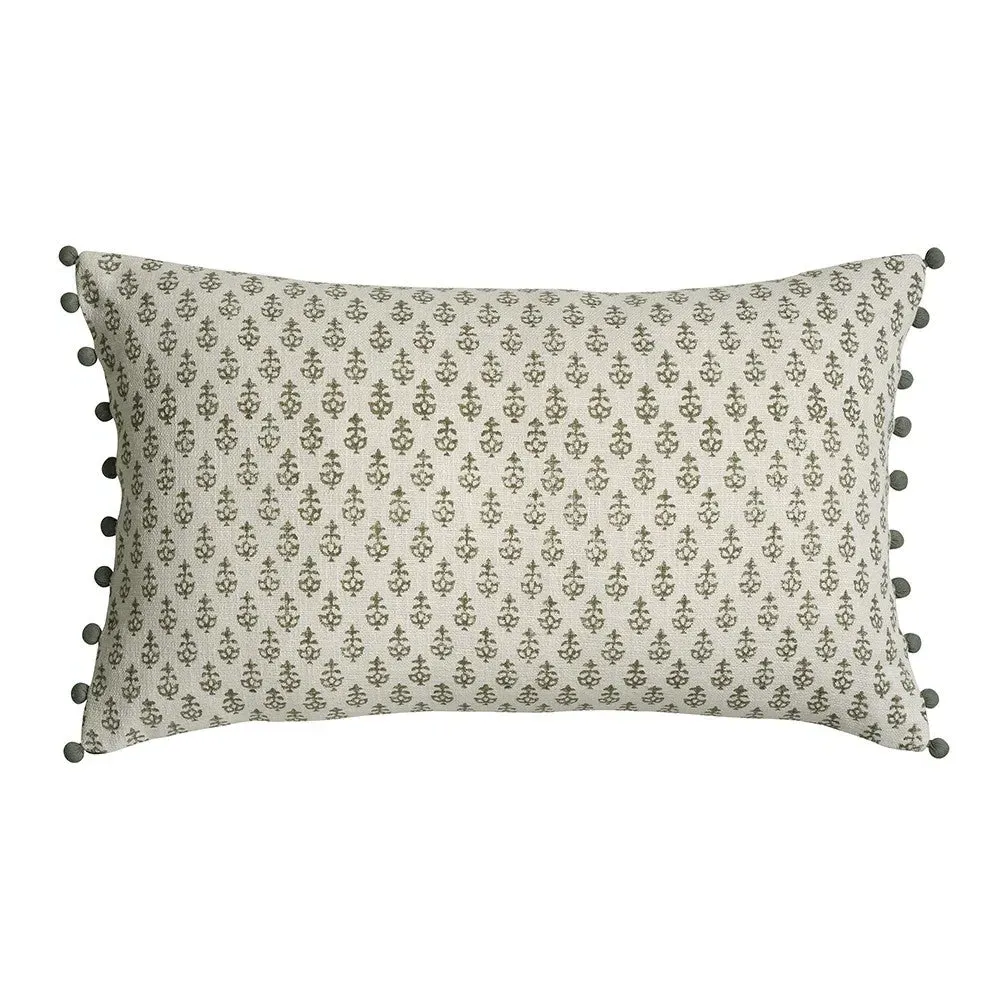 Leaf Block Print Cushion with Pom Poms - Olive