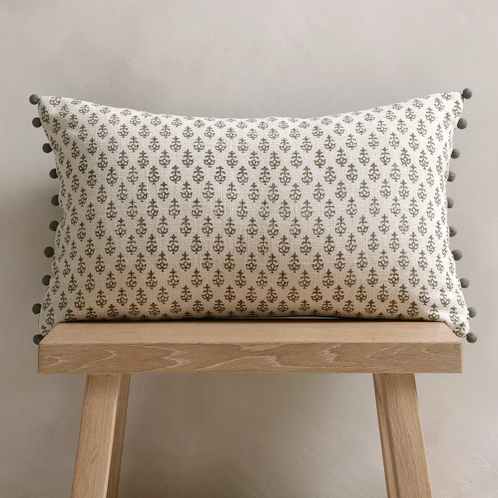 Leaf Block Print Cushion with Pom Poms - Olive