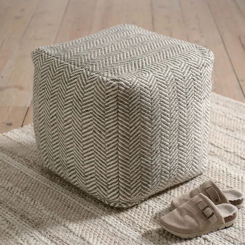 Milton Herringbone Pouffe - Moss, Wool Blend
