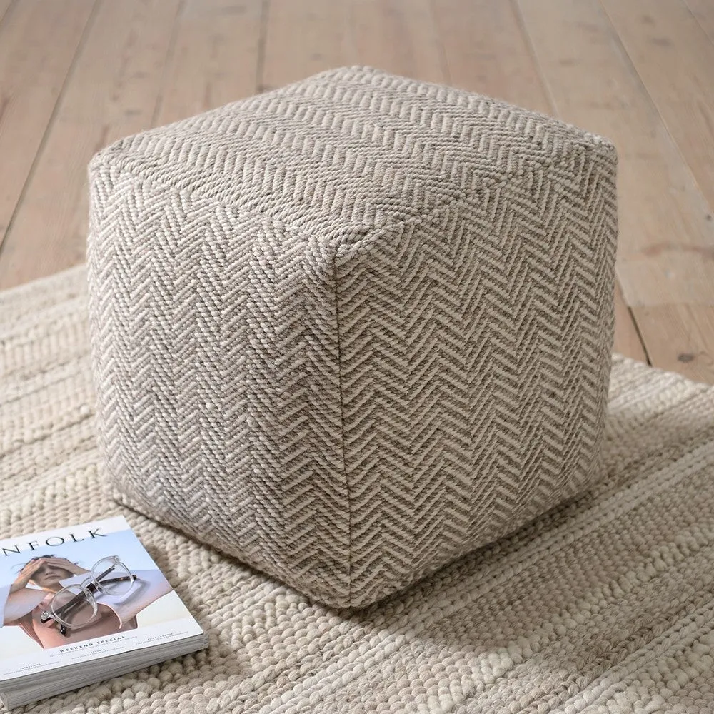 Milton Herringbone Pouffe - Natural, Wool Blend