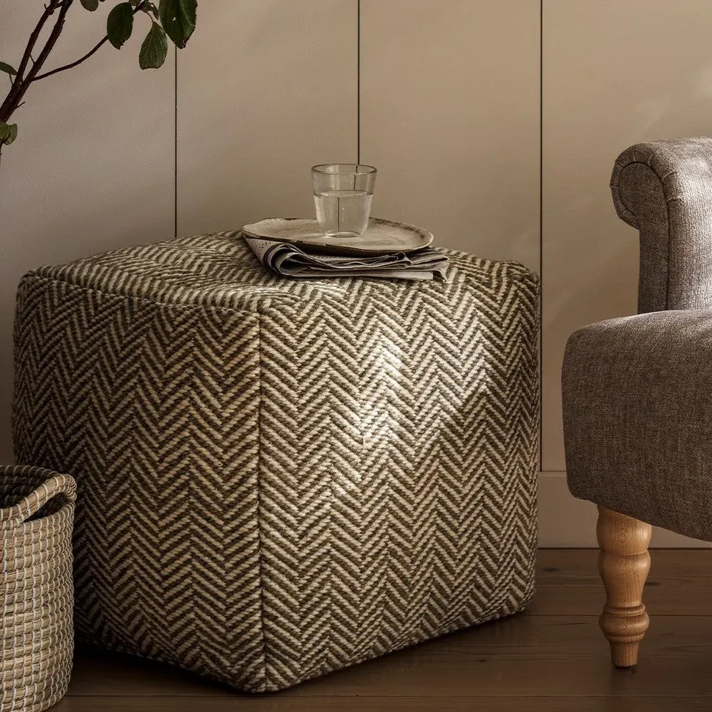 Milton Herringbone Pouffe - Natural, Wool Blend