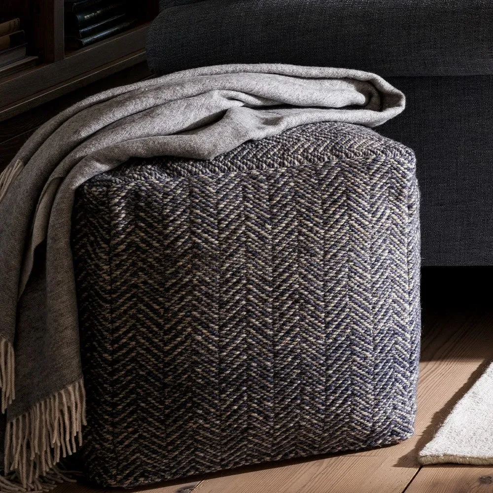 Milton Herringbone Pouffe - Navy, Wool Blend