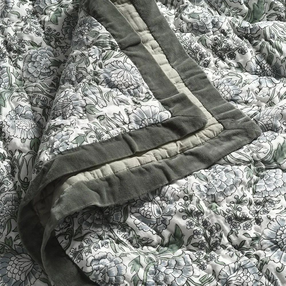 Velvet Trimmed Floral Bed Throw - Green