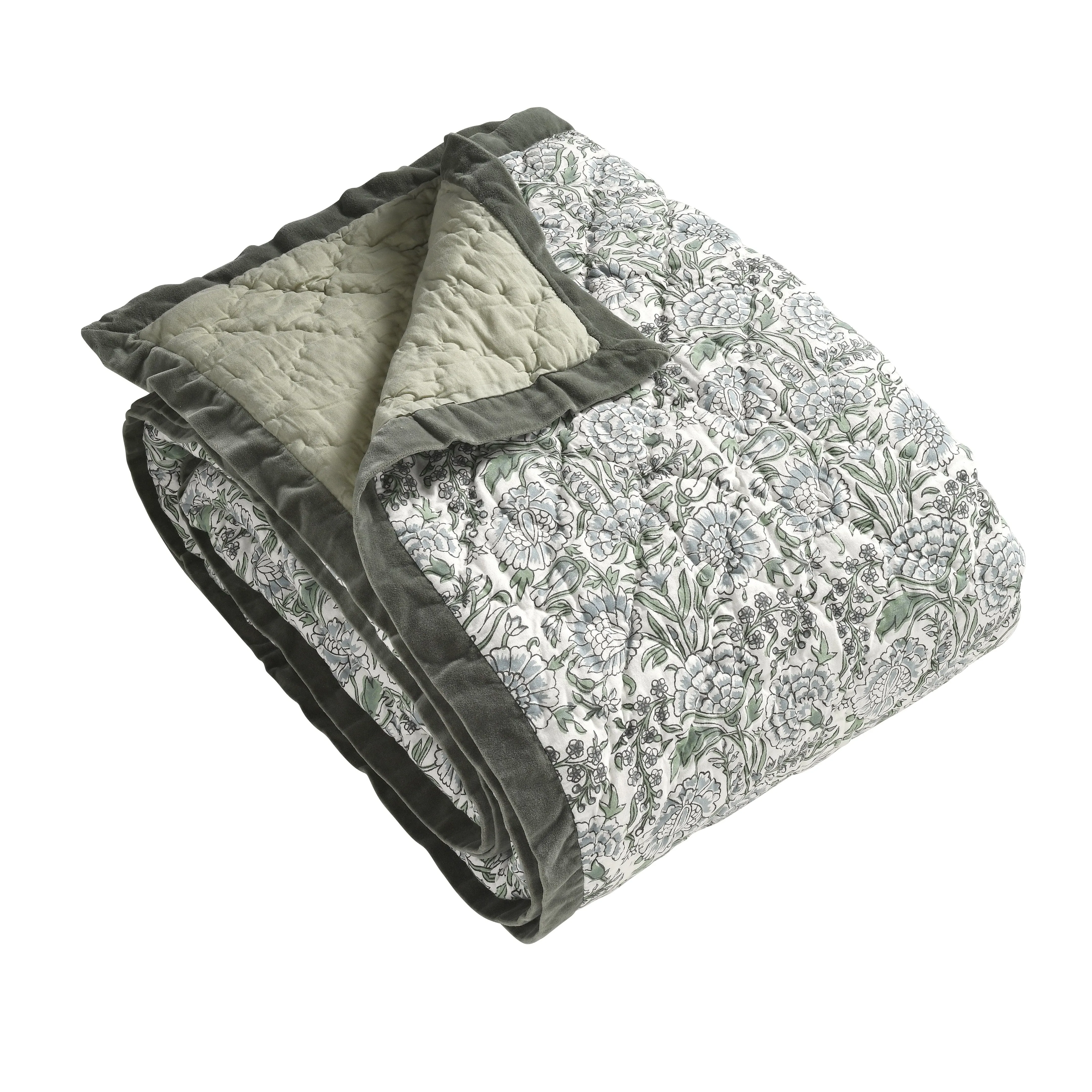 Velvet Trimmed Floral Extra Large Bedspread - Green