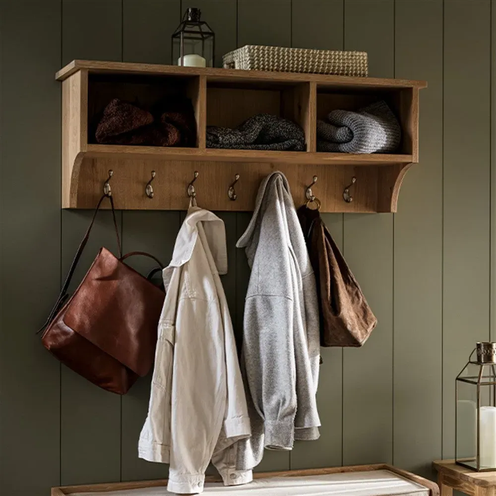 Inglesham Storage Shelf with Hooks - Whitewash, Oak