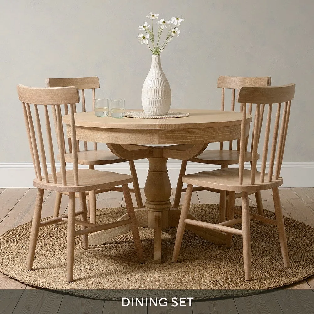 Round Dining Table and 4 Spindleback Chairs - Whitewash, Oak
