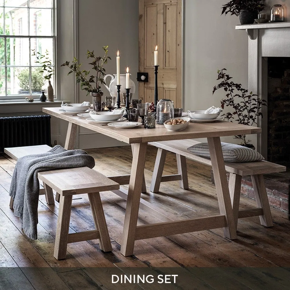 Trestle Dining Table and Bench Set - Whitewash, Oak