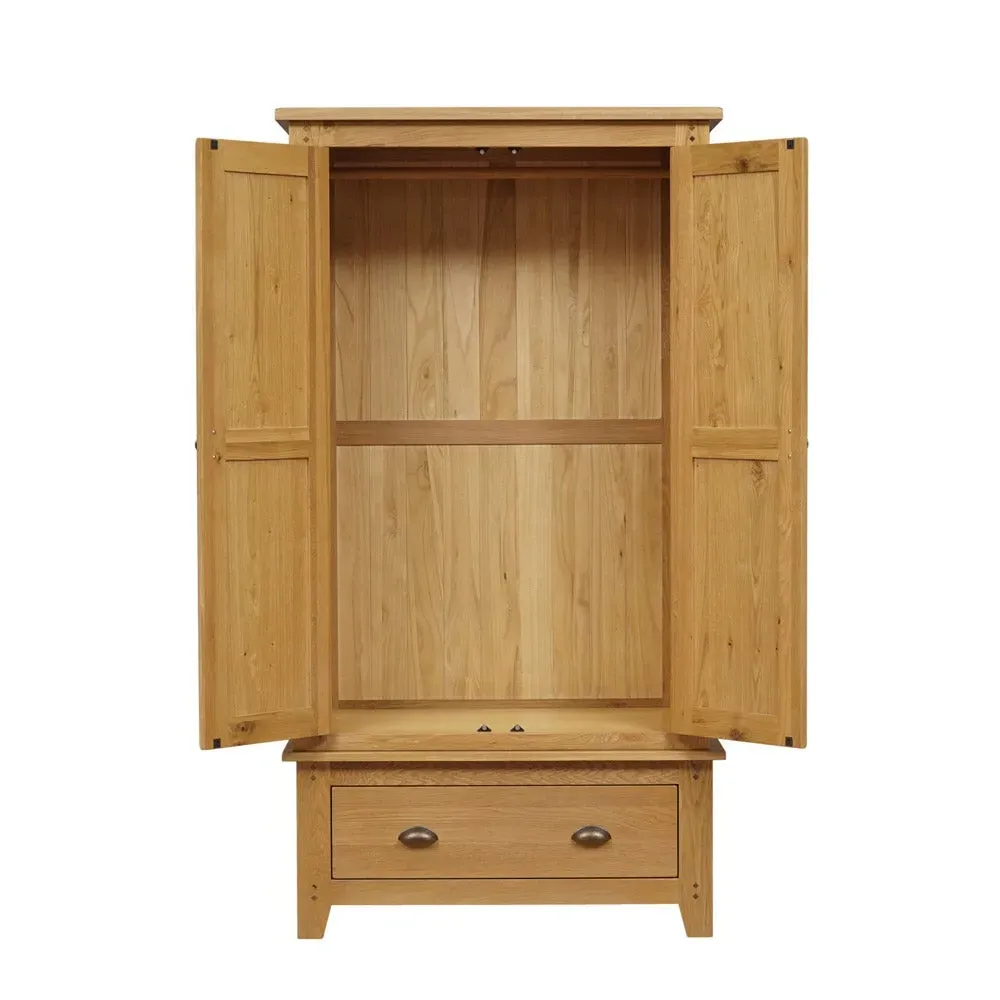 Double Wardrobe with Drawer - Oak