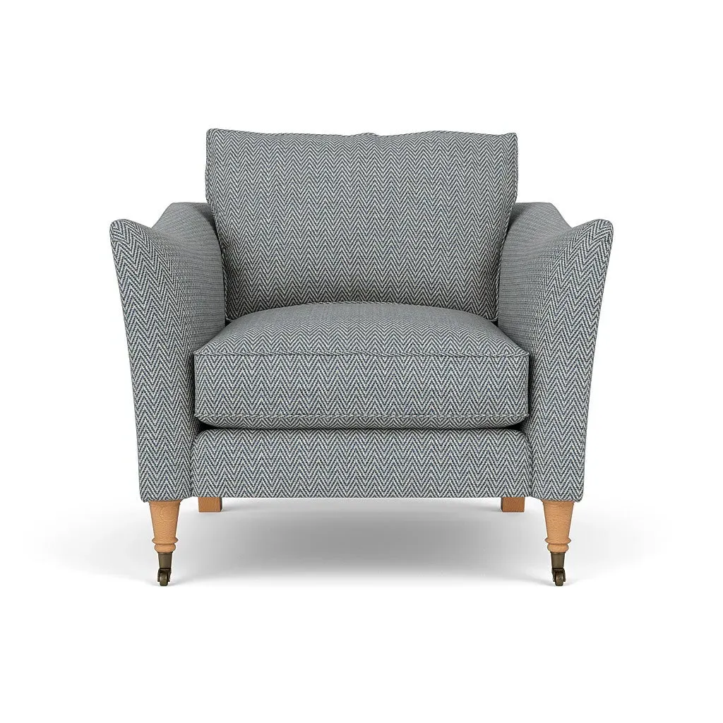 Armchair with Castor Legs - Navy, Herringbone Weave