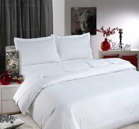 Double Duvet Cover Satin Stripe - White, Cotton