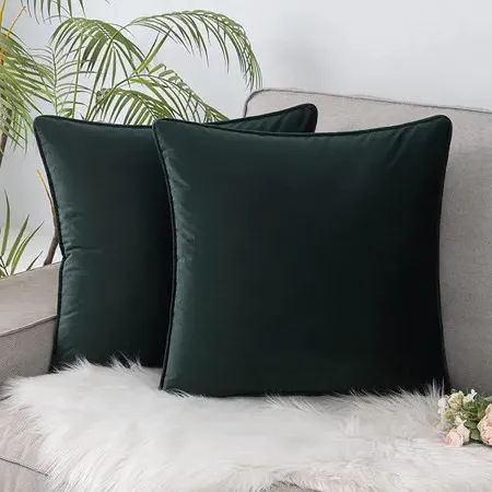 Set of 2 Cushions with Piped Covers - Green, Velvet