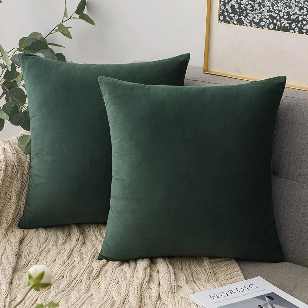 Set of 2 Cushions with Covers - Green, Velvet by The Towel Shop
