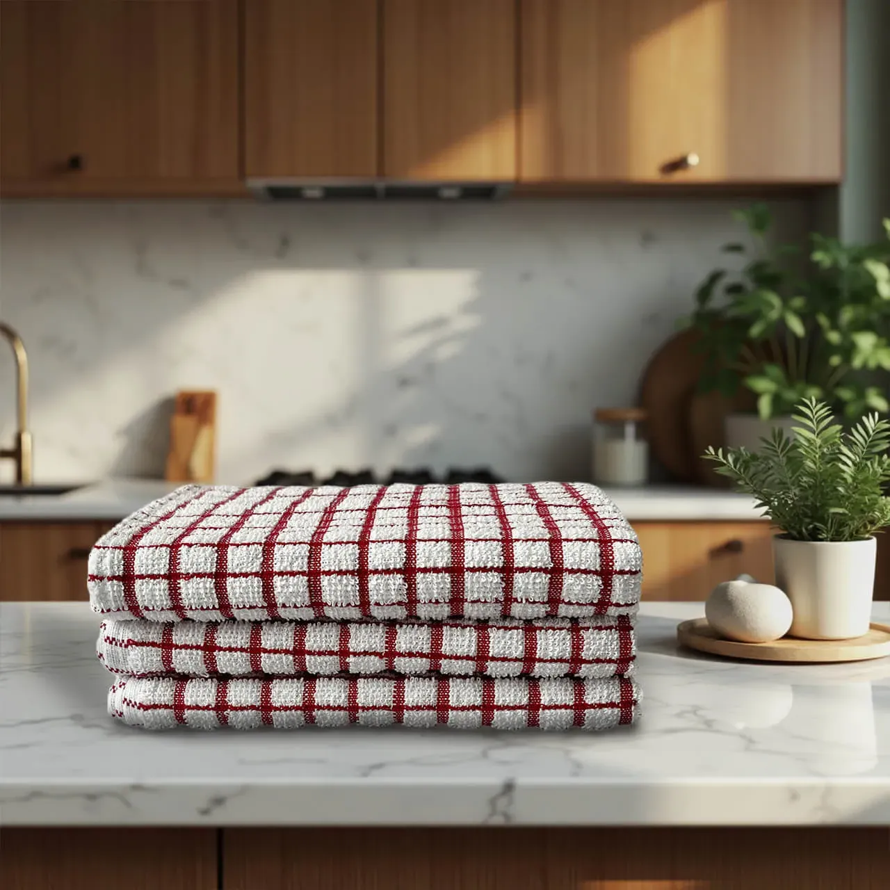 Terry Check Tea Towels - Red, Cotton by The Towel Shop
