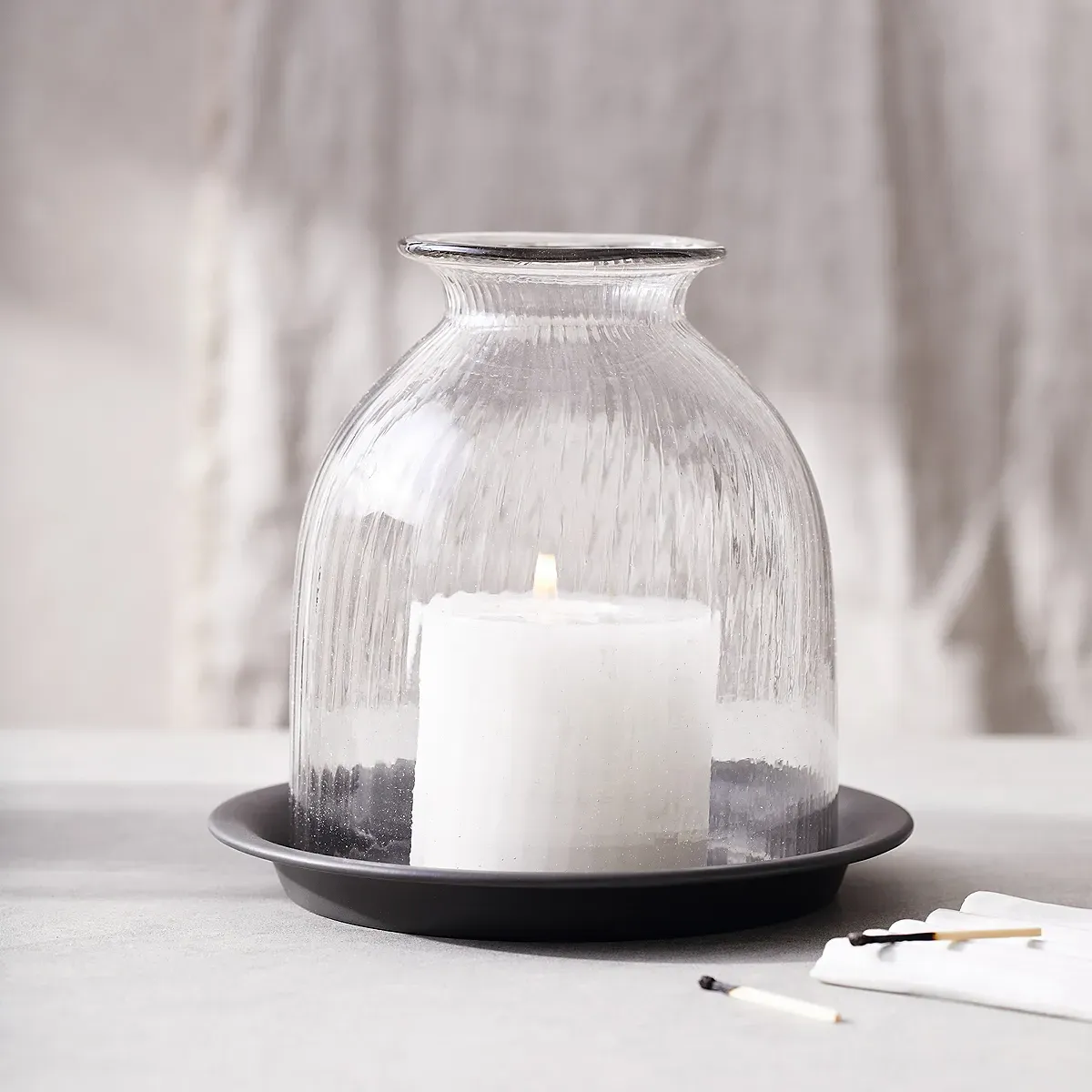 Ribbed Glass Dome Candle Holder with Tray Medium - Clear product