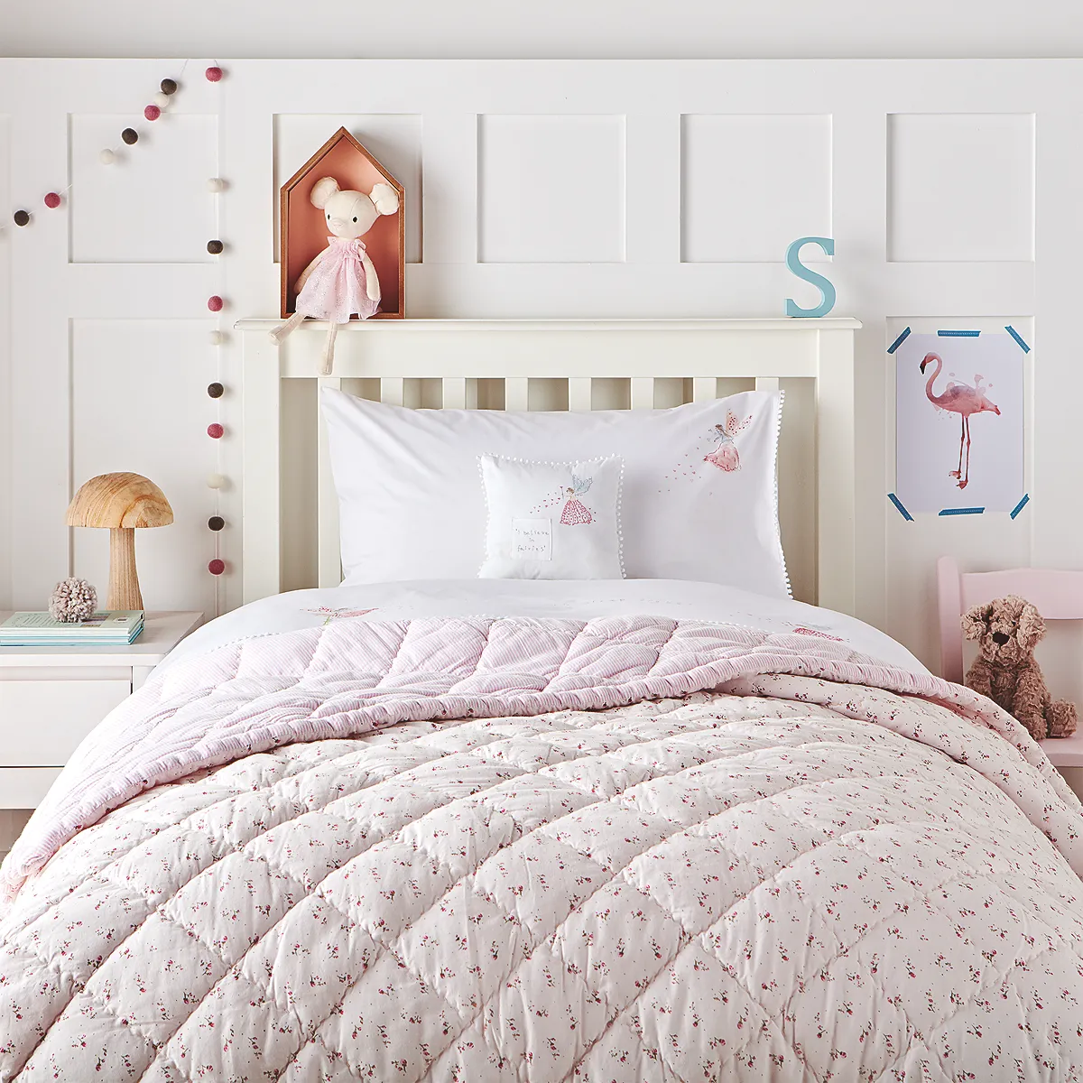 Cot Bed Reversible Floral Pom Pom Quilt - Pink, Cotton product