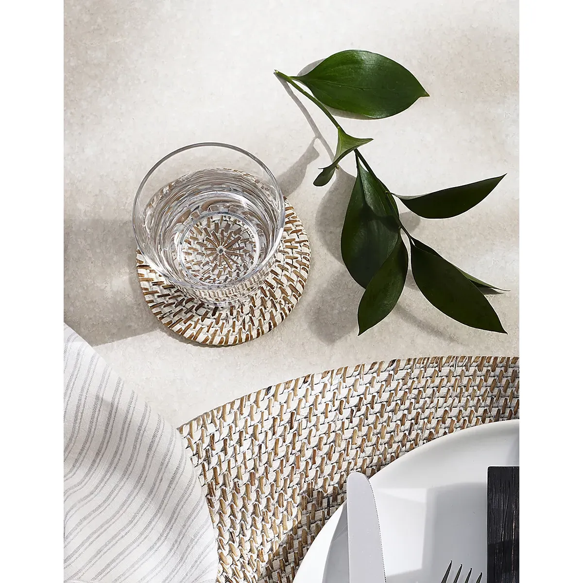 Whitewashed Rattan Coasters Set of 4 - White, Rattan alternate view