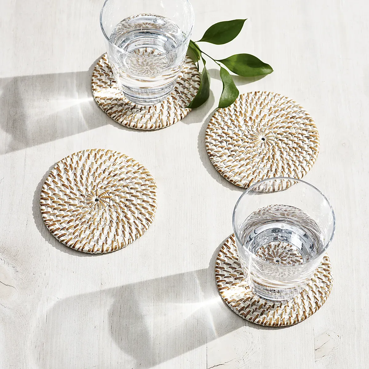 Whitewashed Rattan Coasters Set of 4 - White, Rattan product